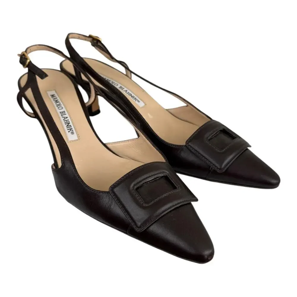 Manolo Blahnik brown leather slingback heels pointed toe buckle detail size 35.5 - Picture 6 of 8